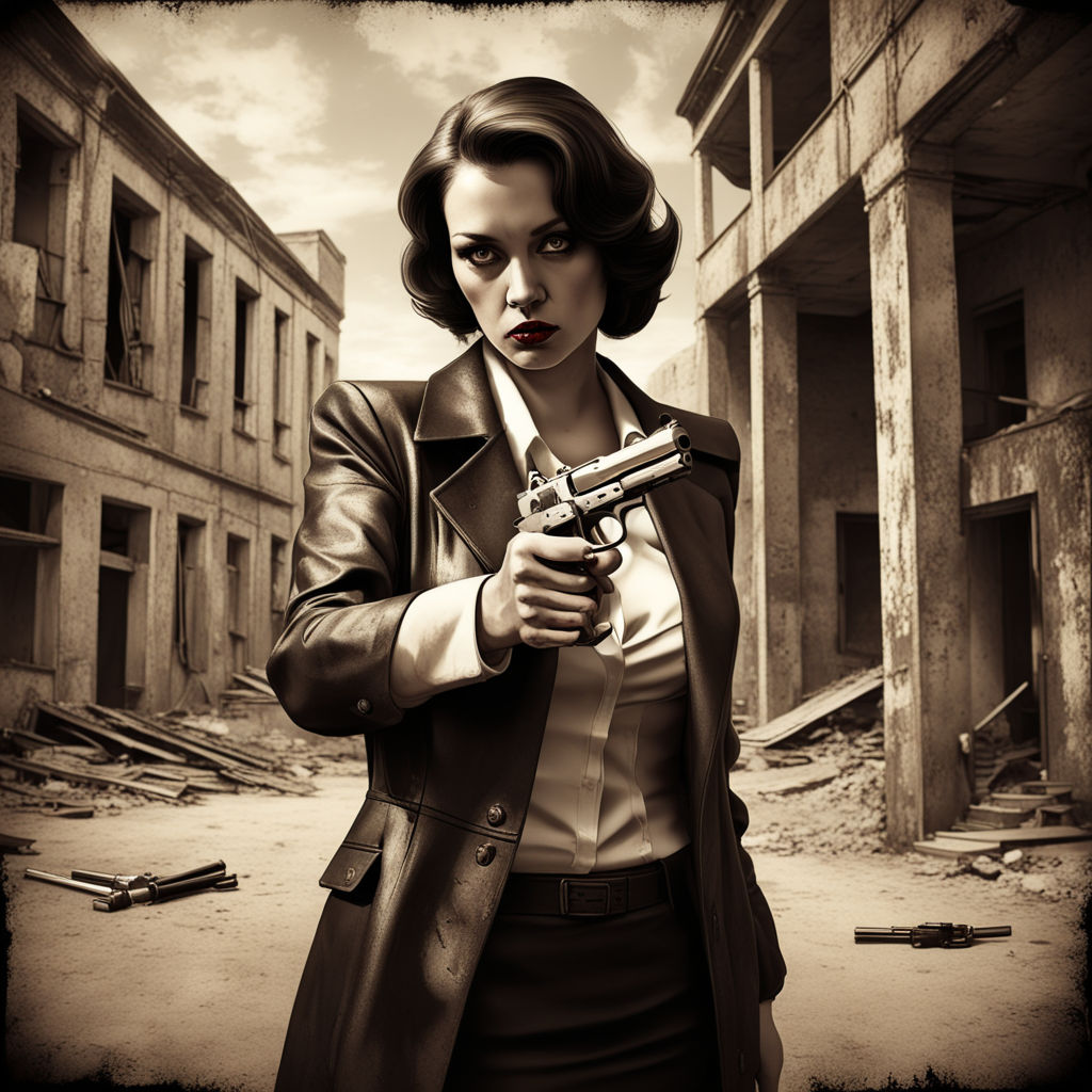 A scorned mafia wife stands poised with a metallic pistol he... by