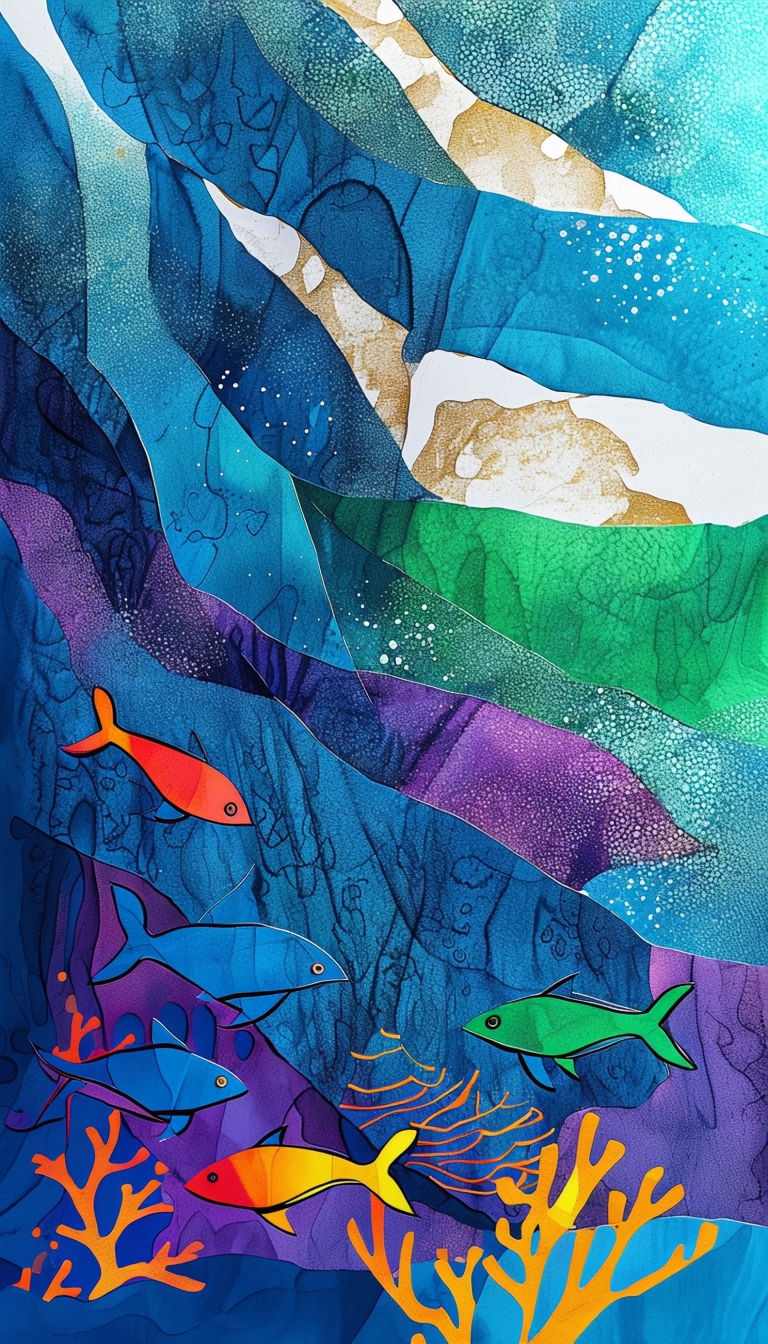 Vibrant Underwater Life Mixed Media Illustration Mobile Wallpaper