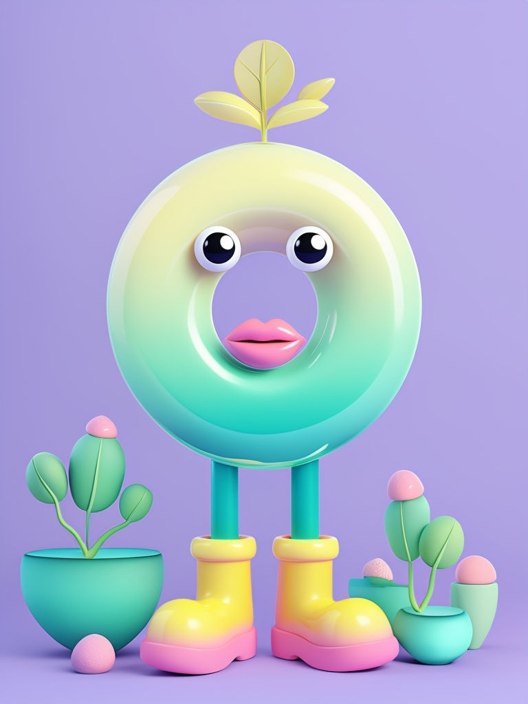 Whimsical 3D Character with Gradient Colors and Playful Plants Art
