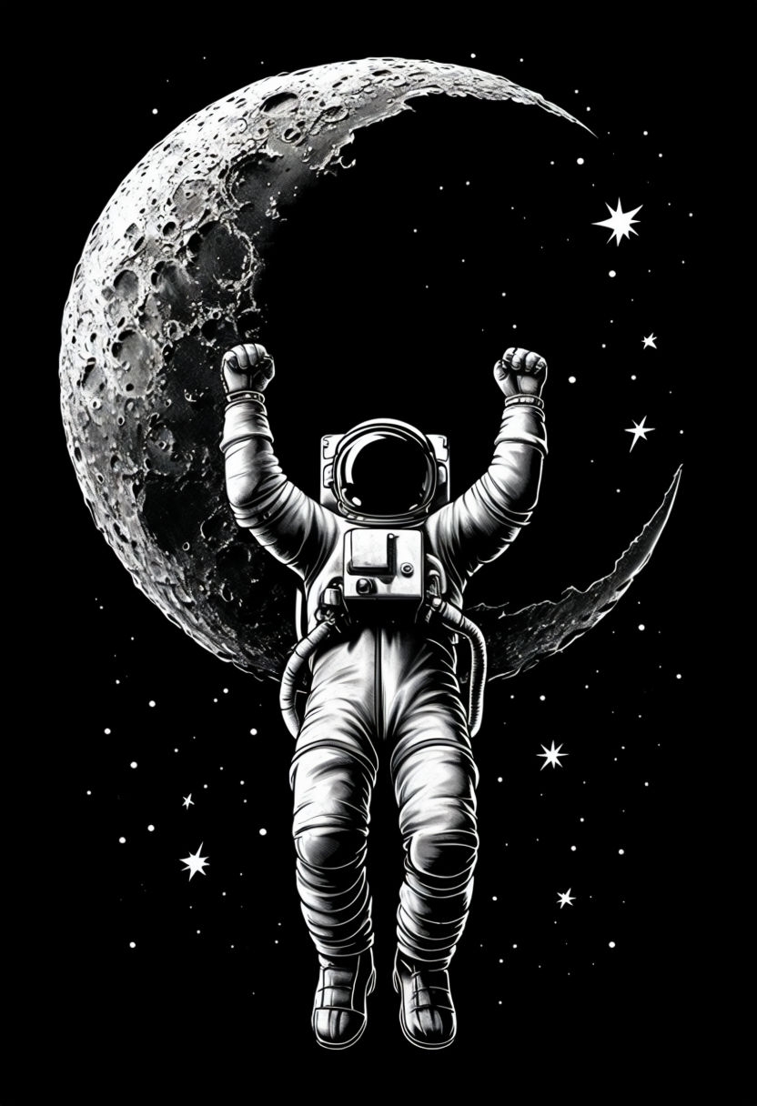 Astronaut Hanging from Crescent Moon in Cosmic Black and White Mobile Wallpaper