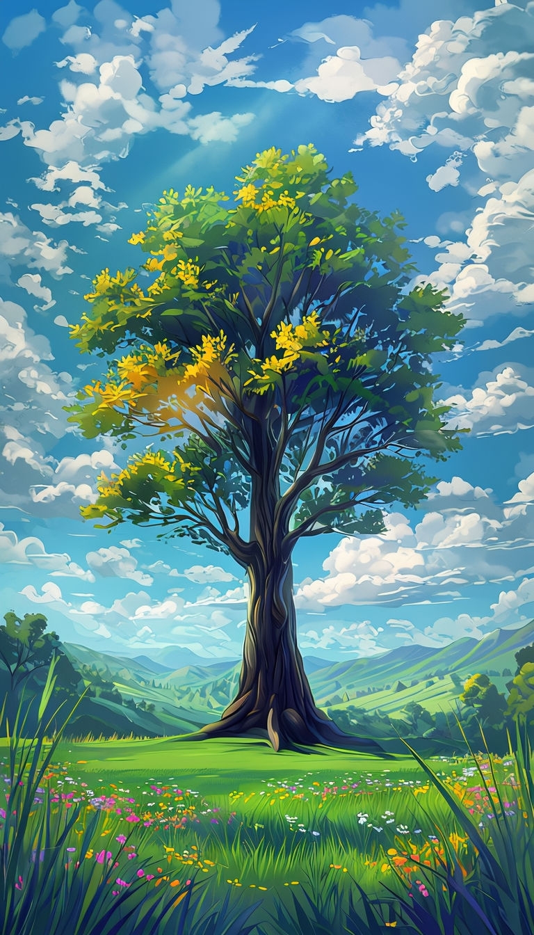 Majestic Tree in Serene Meadow Digital Art Mobile Wallpaper