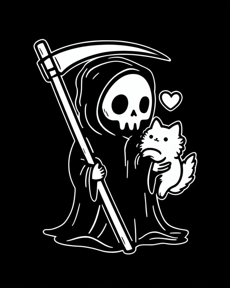 Whimsical Death Character with Cat Illustration T-Shirt