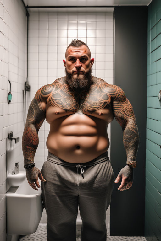 Handsome tattooed shirtless musclechub in a bathroom by Ruslan - Playground