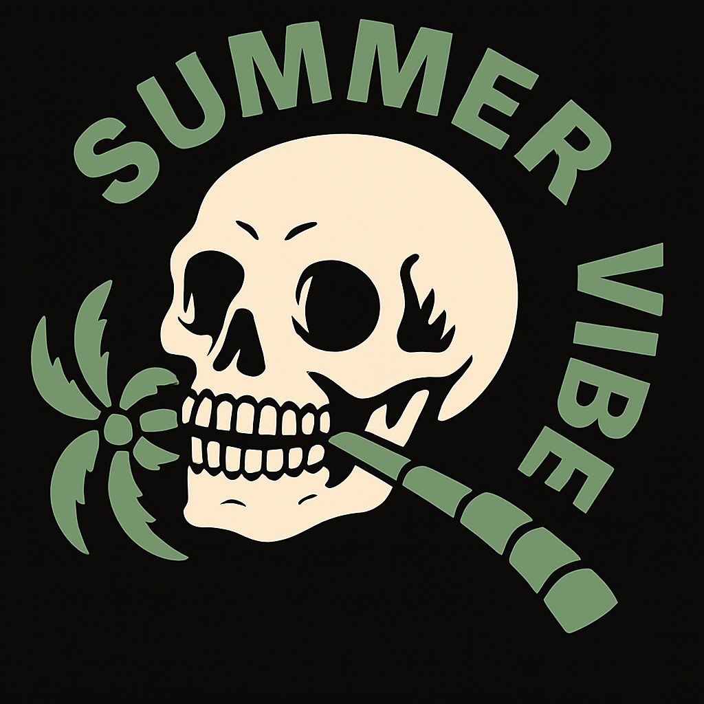 Beige Skull with Palm Tree and Summer Vibe Illustration T-shirt