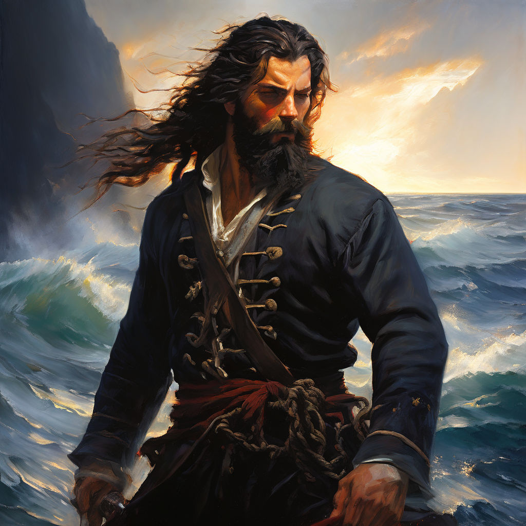 An oil painting of a seasoned sailor with long black hair ti by An oil painting of a seasoned sailor with long black hair ti by