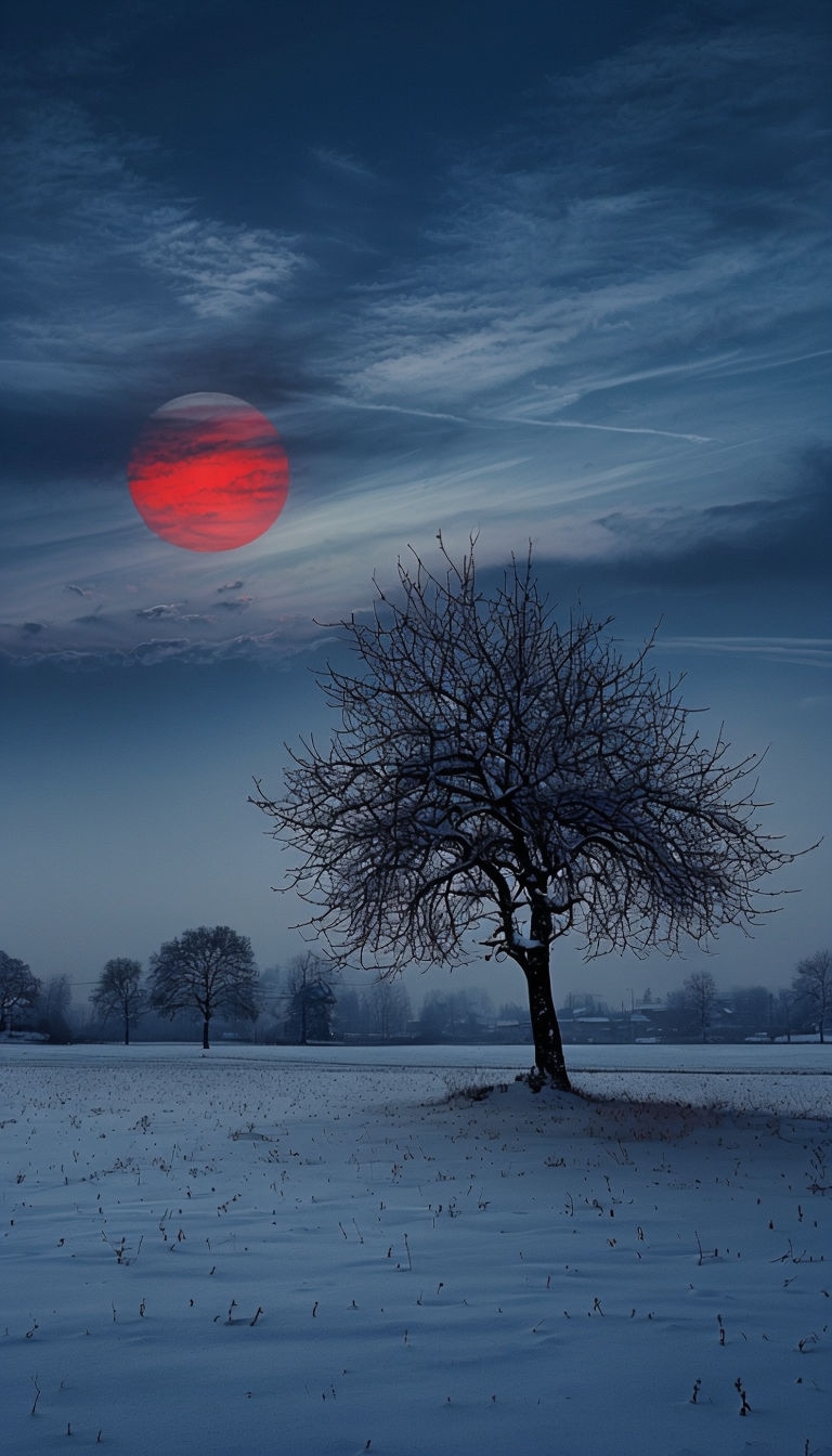 Solitary Tree in Snowy Field Under Twilight Sky Mobile Wallpaper