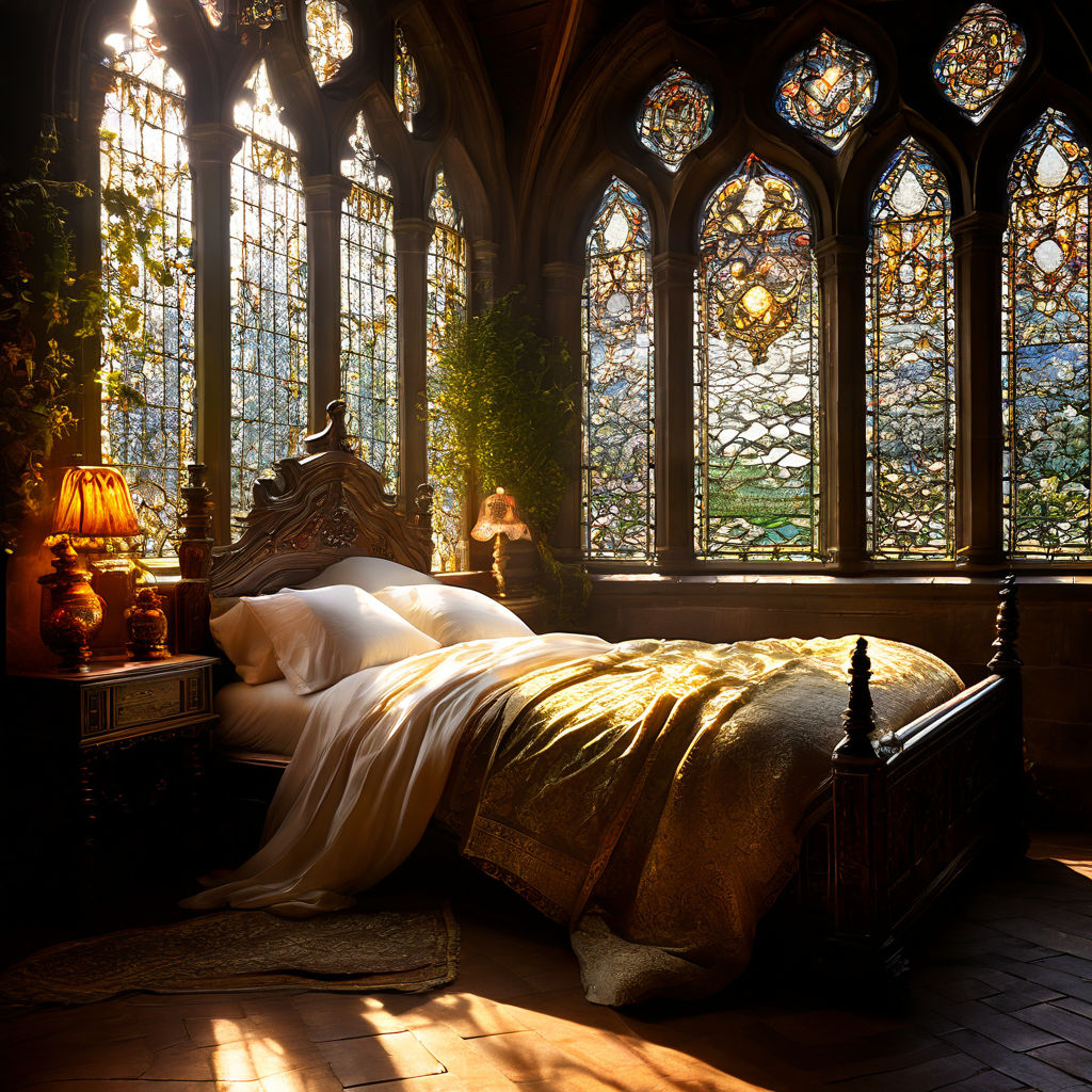 Medieval castle bedroom interior with lace draped over ornat... by ...