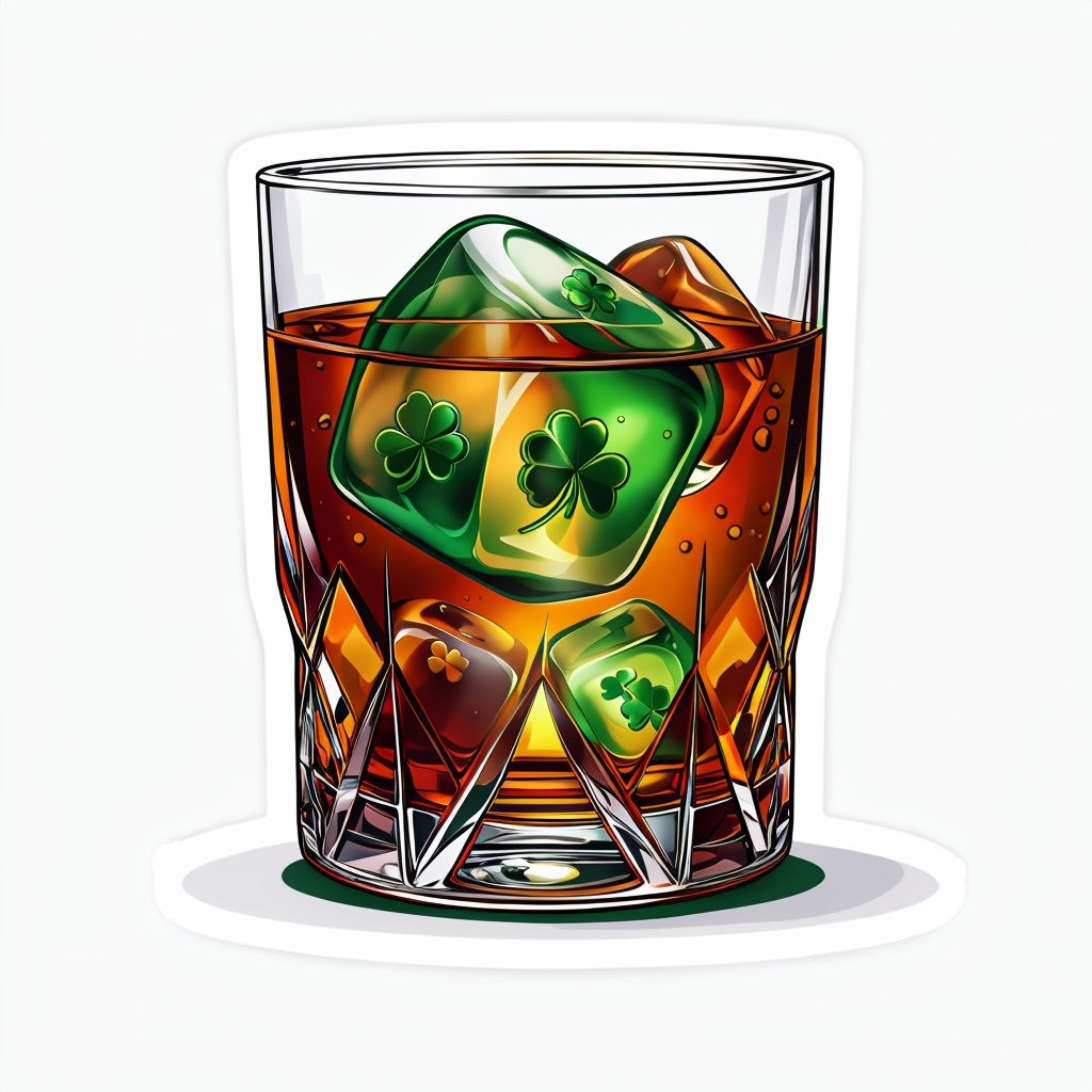 Intricate Whiskey Glass Sticker with Unique Clover Ice Cube