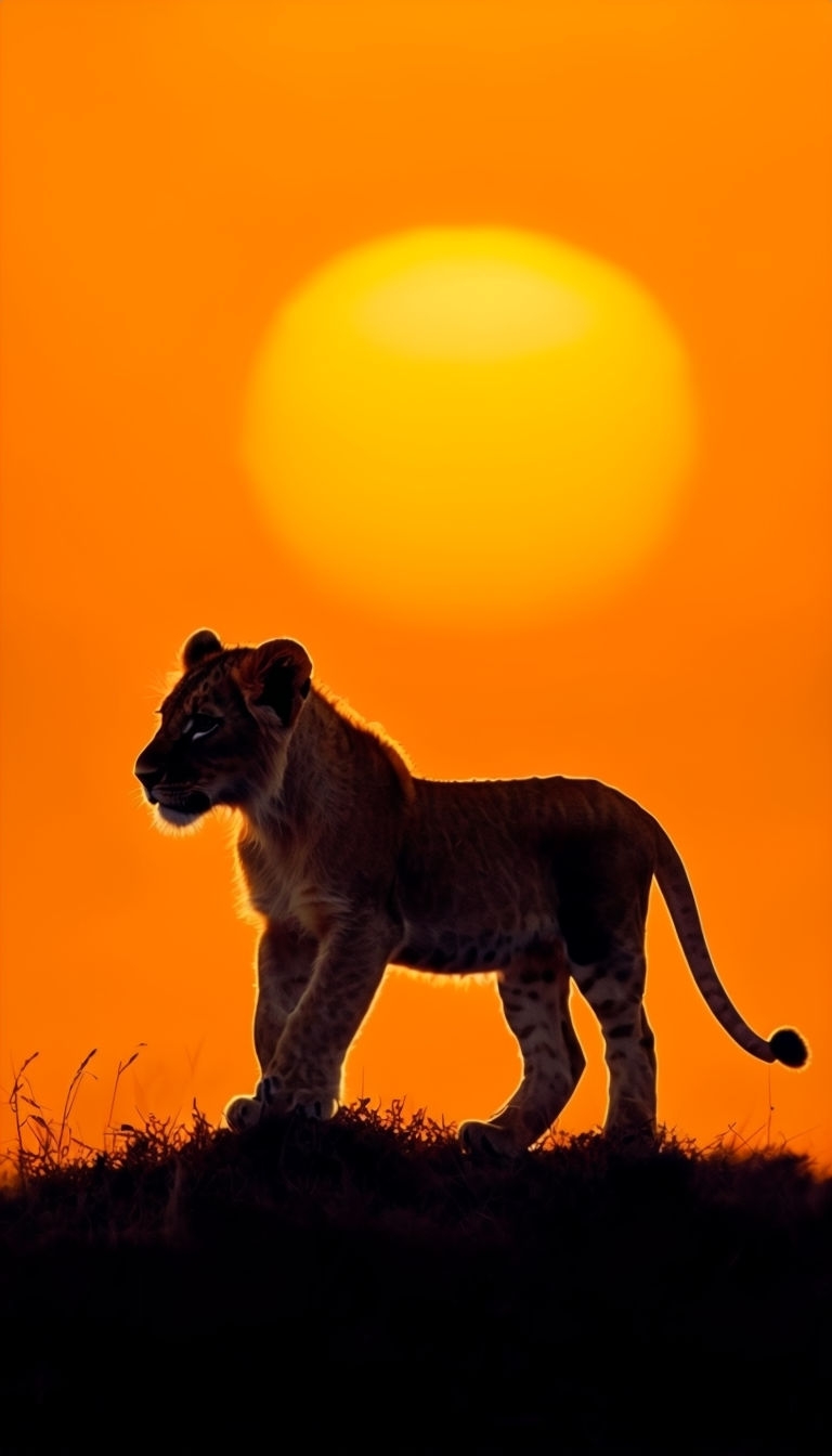 Striking Lion Cub Silhouette Against Vibrant Sunset Mobile Wallpaper