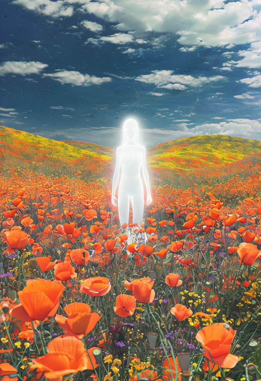 Ethereal Glowing Figure Among Vibrant Orange Poppies Art