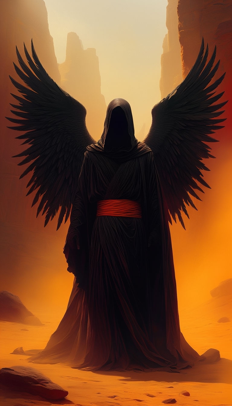 Mysterious Hooded Figure with Black Wings in Desert Landscape Mobile Wallpaper