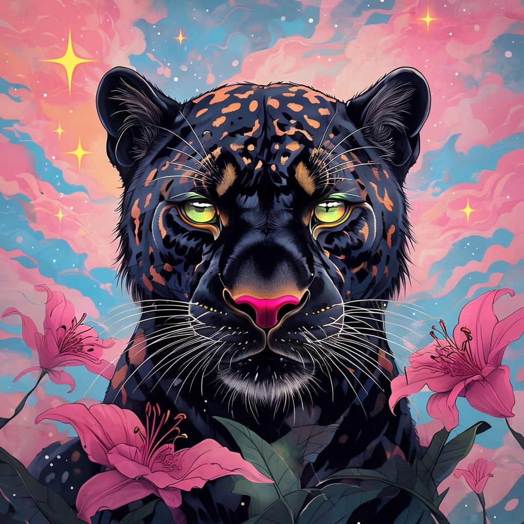 Vibrant Black Panther with Pink Lilies Digital Art Illustration