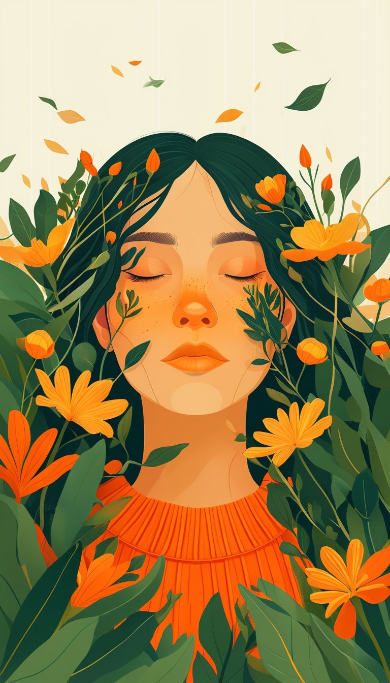 Serene Botanical Woman with Green Foliage Phone Case Cover