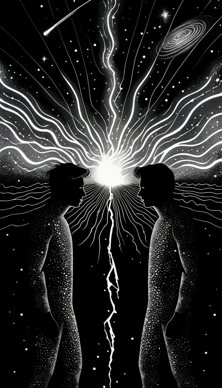 Cosmic Pointillism Silhouettes with Lightning and Stars Mobile Wallpaper