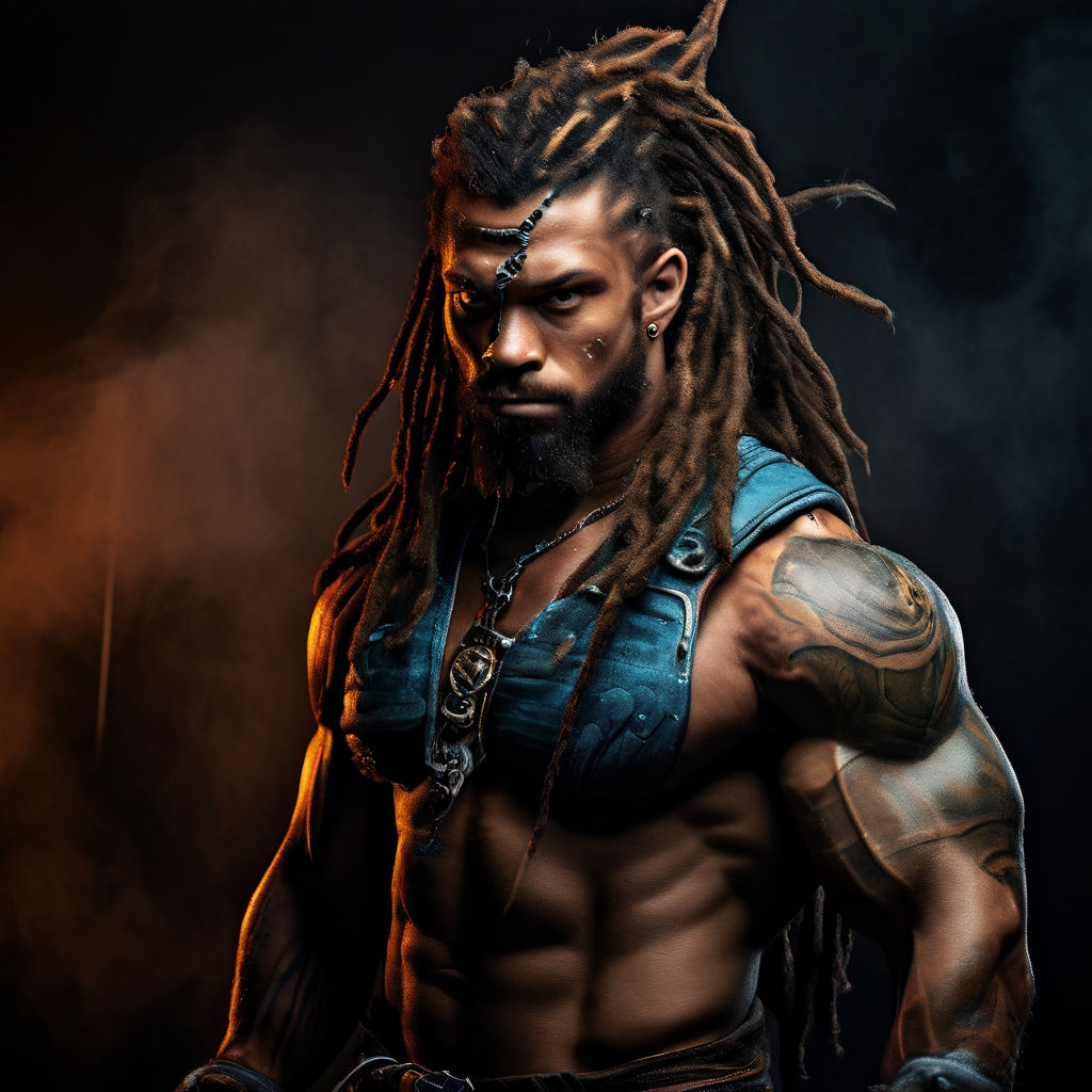 muscular black man with dreadlocks and tribal tattooes