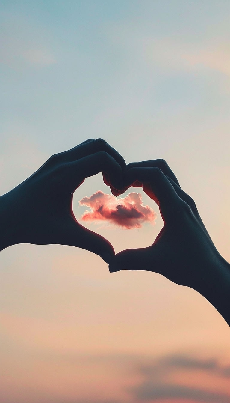 Heart-Shaped Hand Framing Fluffy Cloud in Serene Sky Mobile Wallpaper