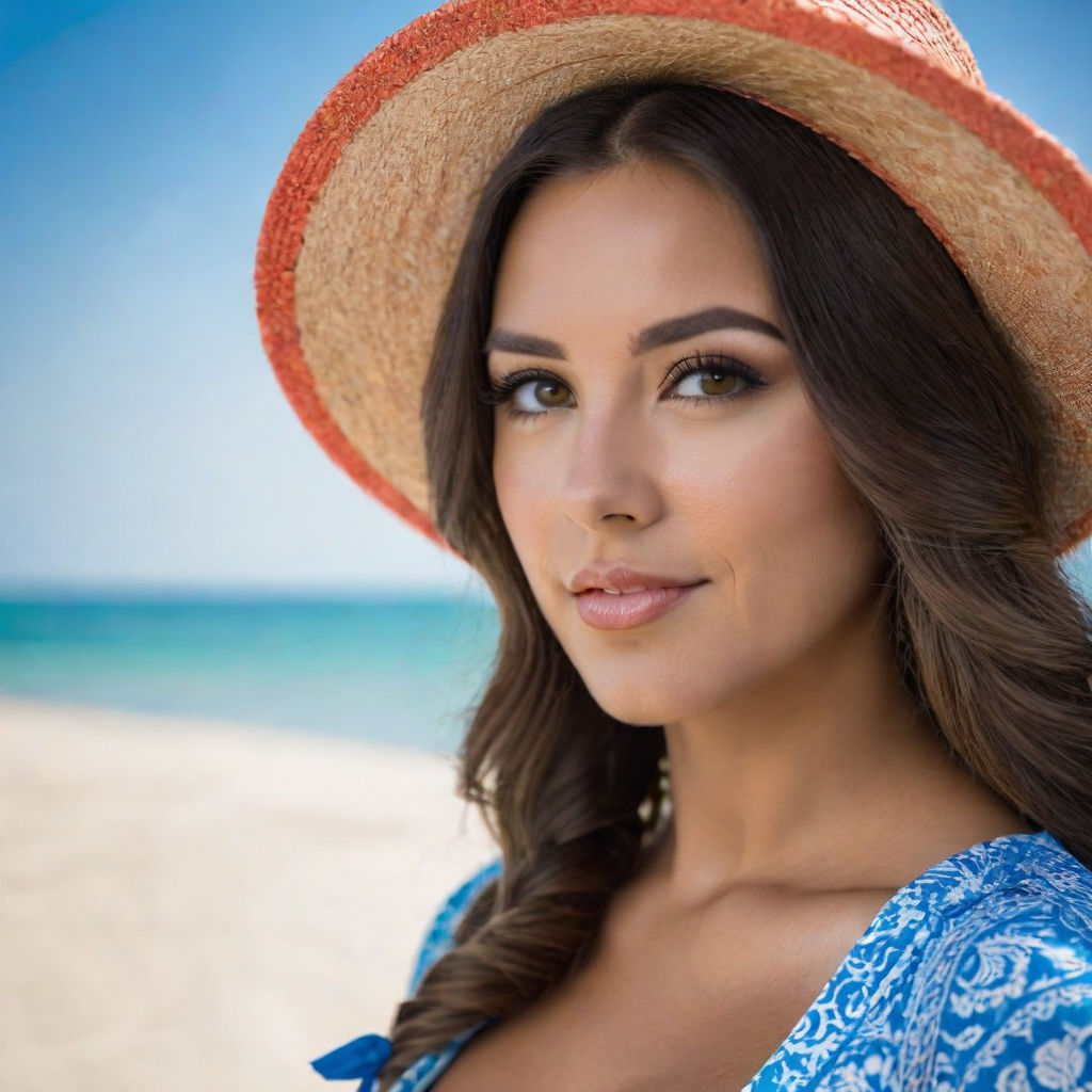 Actress Adriana Chechik embodies a bright and vibrant scene. She is seen on  a sandy beach