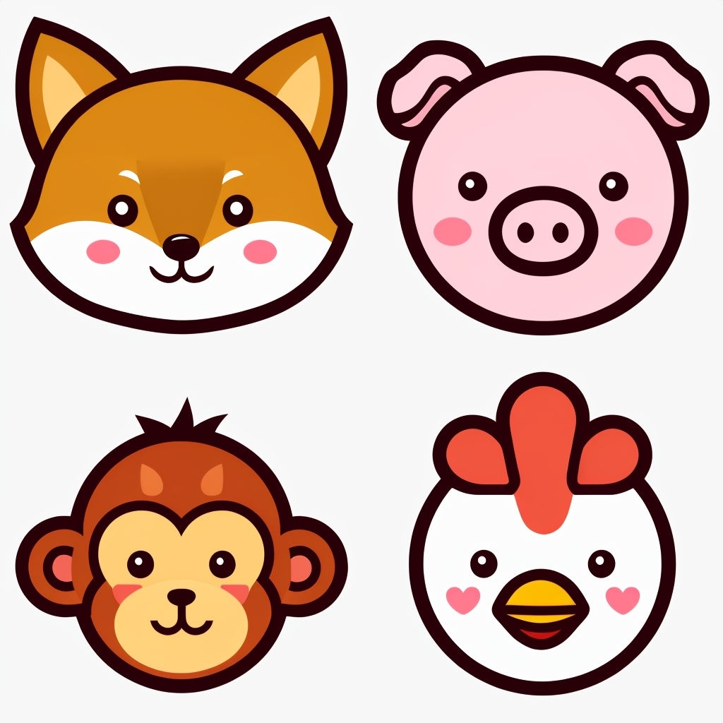 Cute Cartoon Animal Faces in a Minimalistic Grid Pattern Seamless Pattern