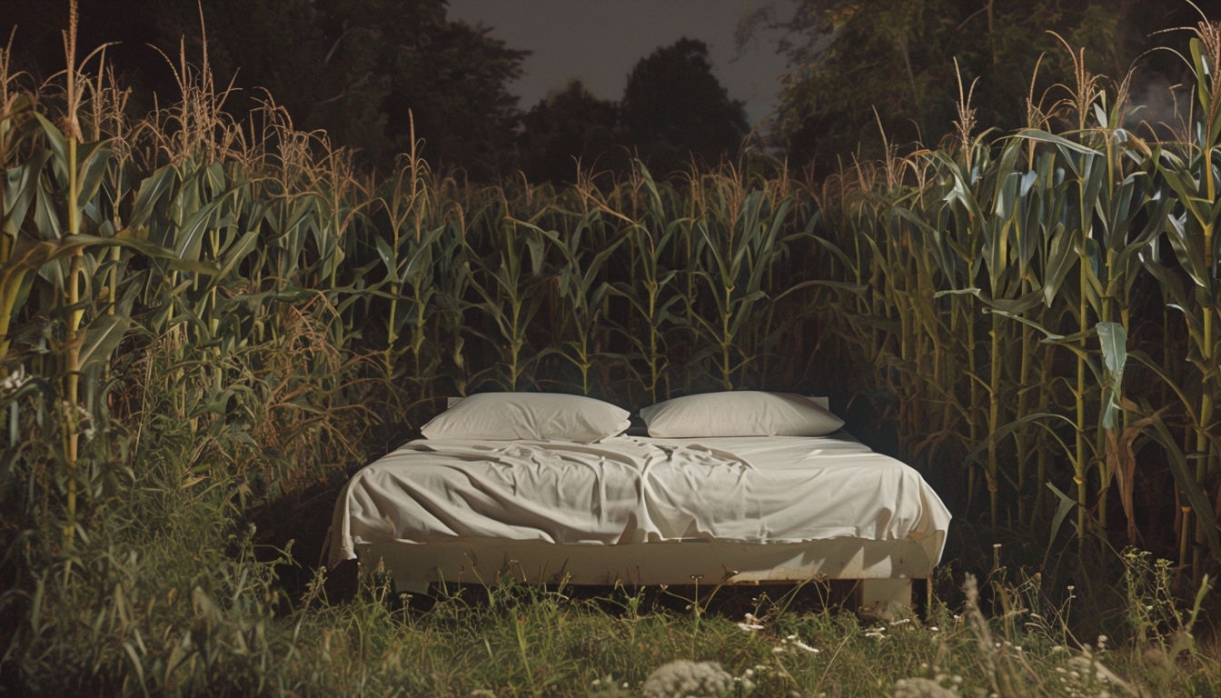 Surreal Nighttime Bed in Cornfield Virtual Background