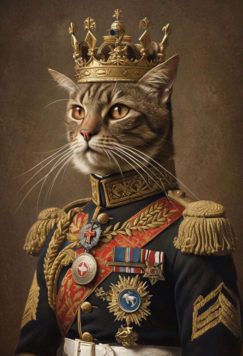 Regal Cat in Military Uniform Whimsical Portrait Art