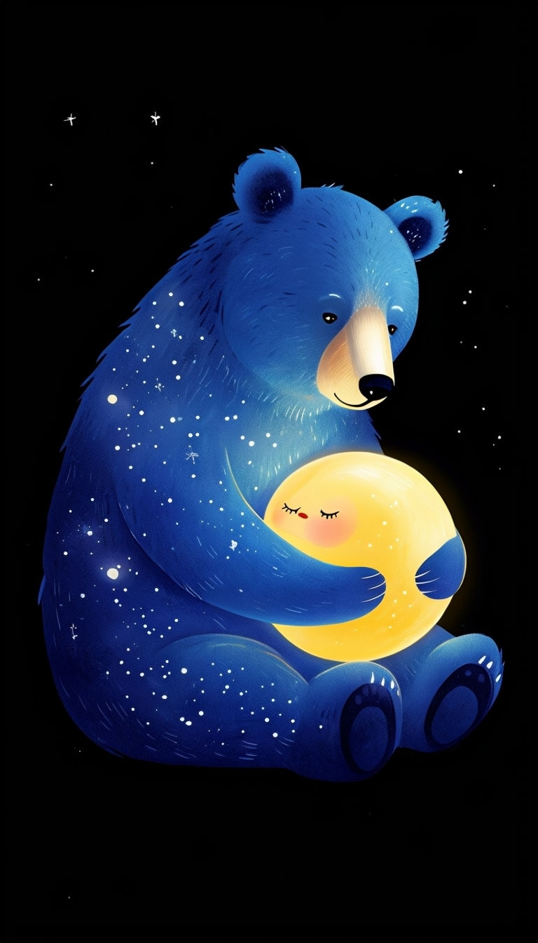 Celestial Blue Bear Holding Moon Illustration Mobile Wallpaper