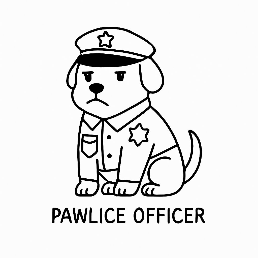 Cartoon Dog Police Officer Line Drawing with Playful Text Sticker
