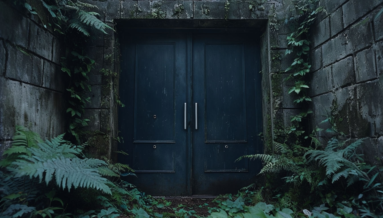Eerie Abandoned Double Doors Surrounded by Overgrown Vegetation Virtual Backgrounds