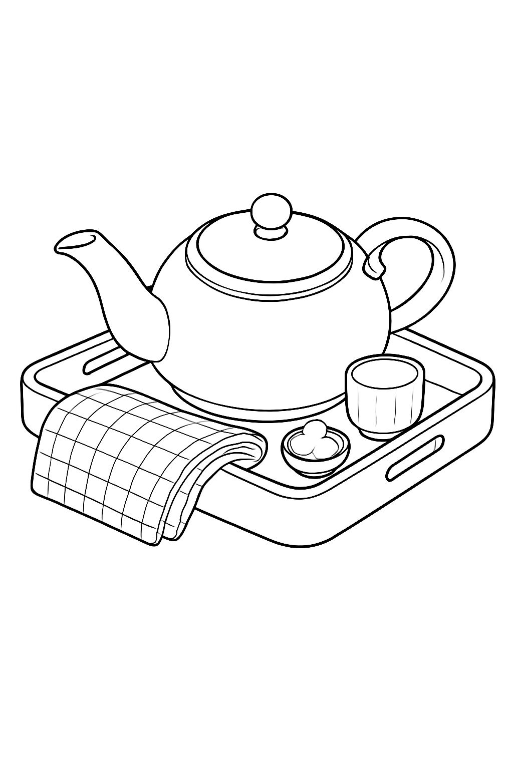 Cozy Tea-Making Setup Black and White Line Drawing Coloring Book Pages