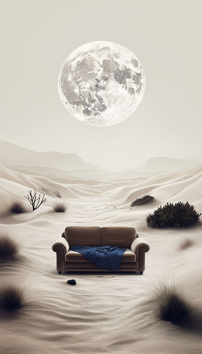 Surreal Desert Landscape with Sofa and Full Moon Mobile Wallpaper