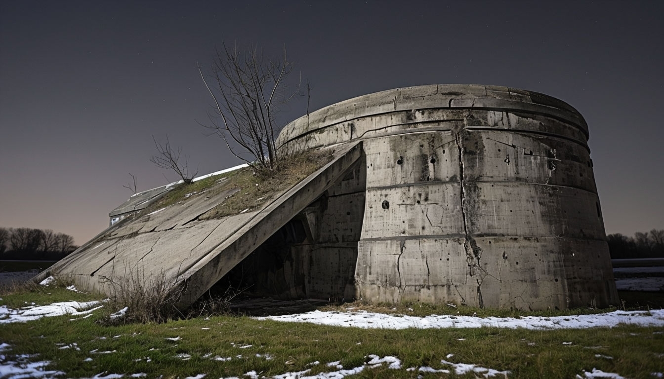 Eerie Nighttime Concrete Bunker with Snowy Ground Virtual Backgrounds