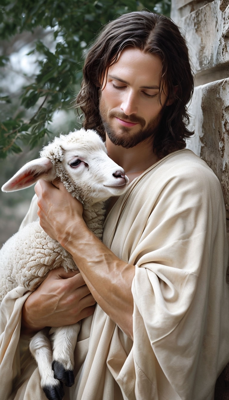 Jesus Christ Cradling a Lamb Portrait in Nature Poster