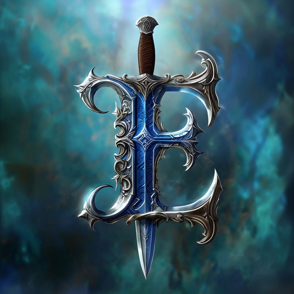 Intricate Fantasy E Monogram Design with Sword and Dagger Art