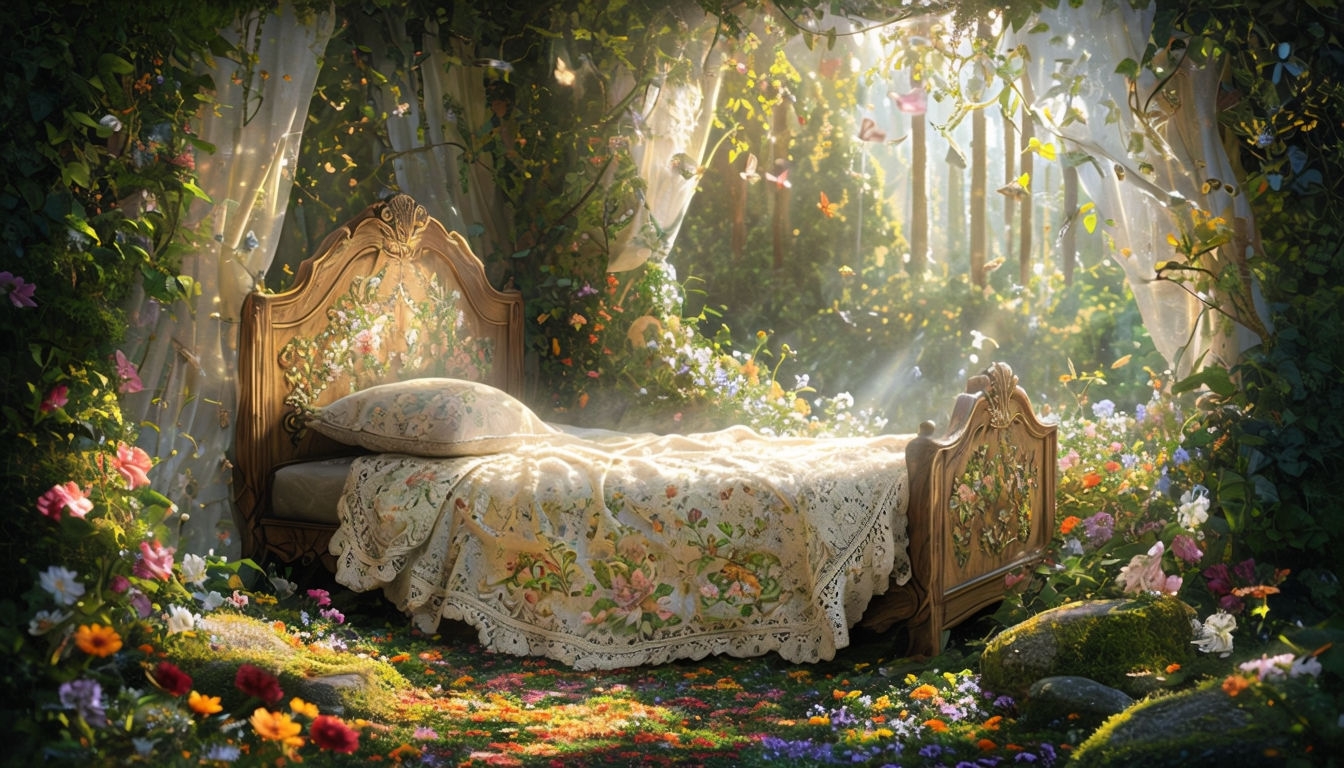 Enchanting Fantasy Bed Surrounded by Nature and Flowers Background