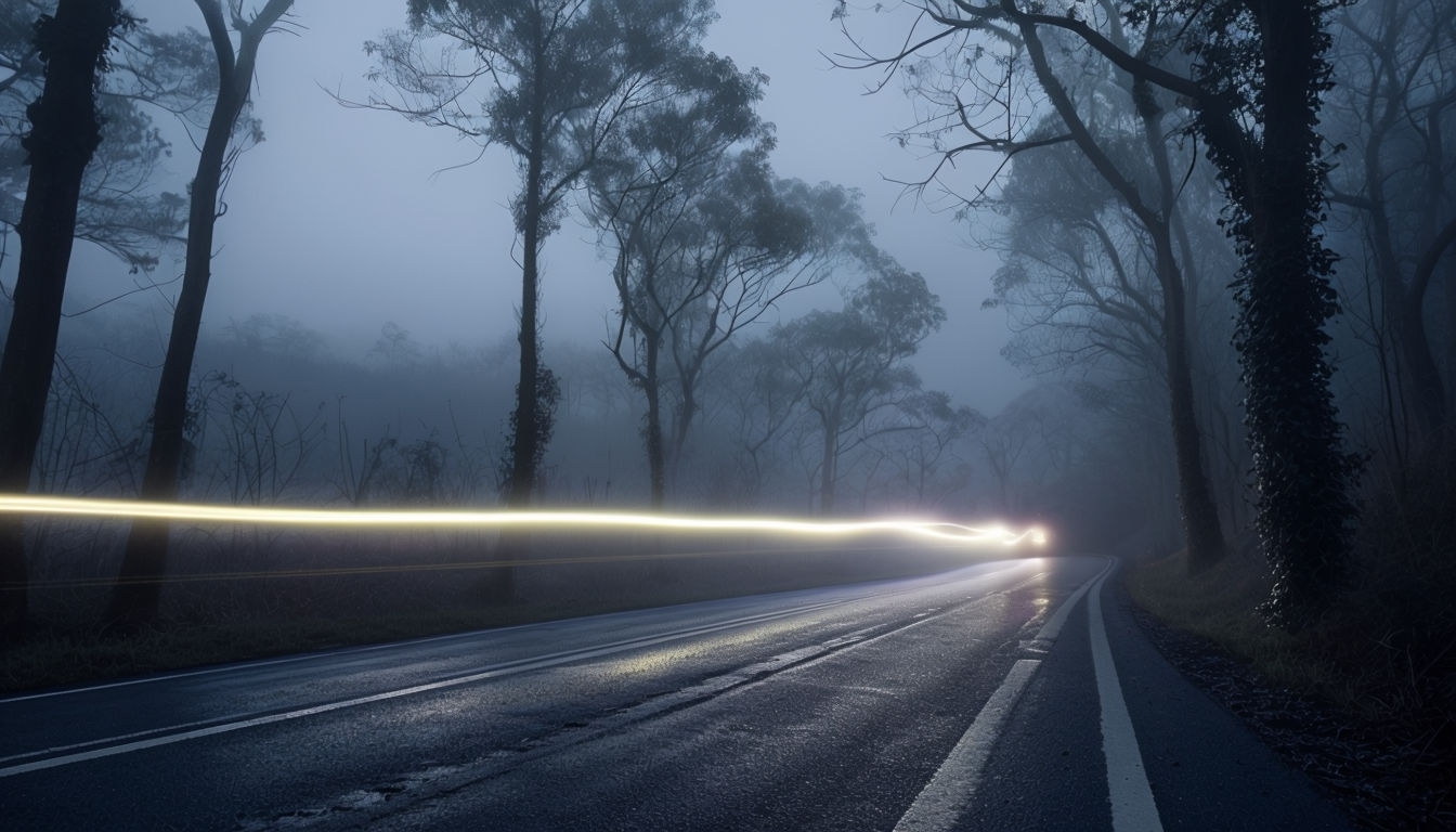 Mysterious Foggy Night Road Through Dense Forest Virtual Background