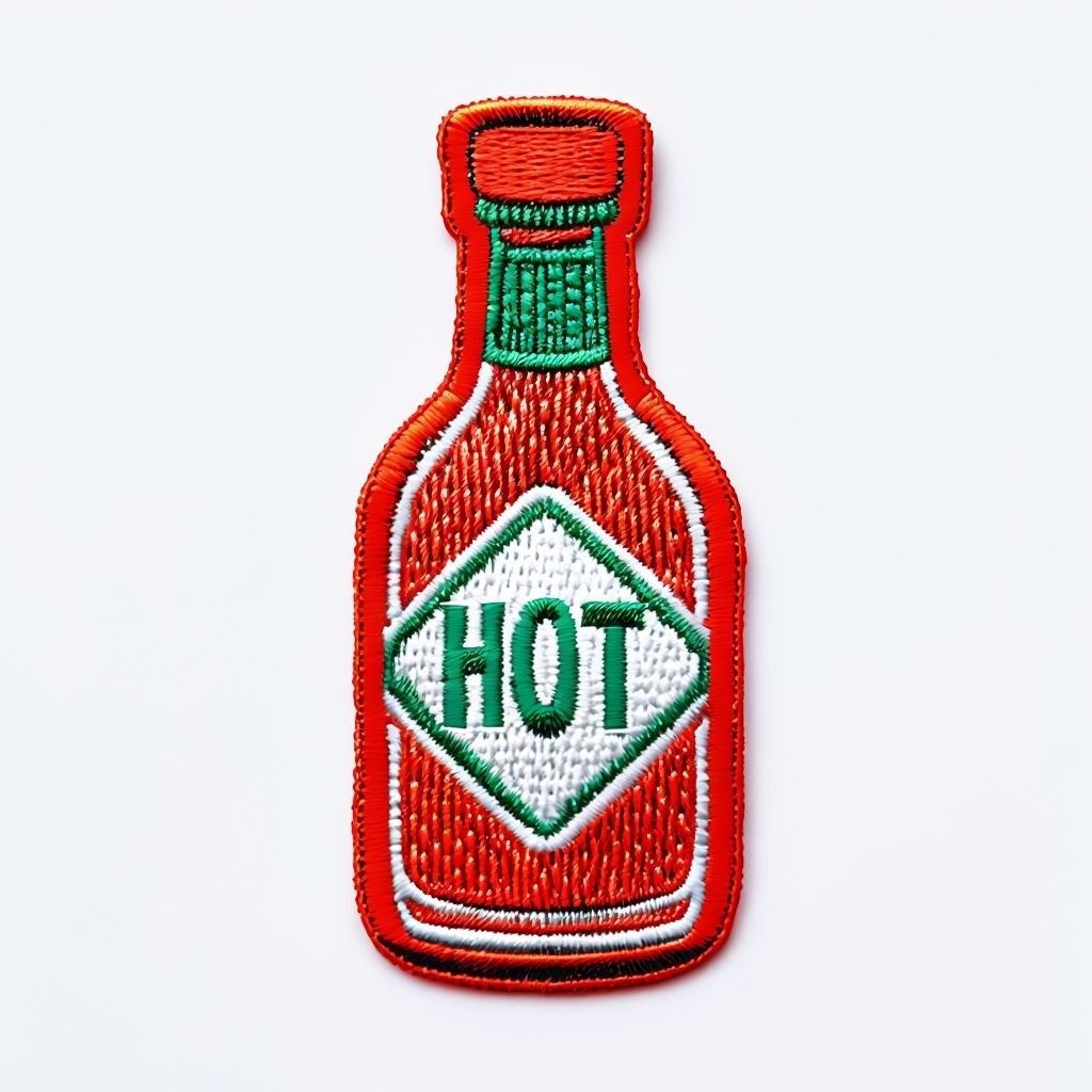 Vibrant Embroidered Hot Sauce Bottle Patch Design for Hats