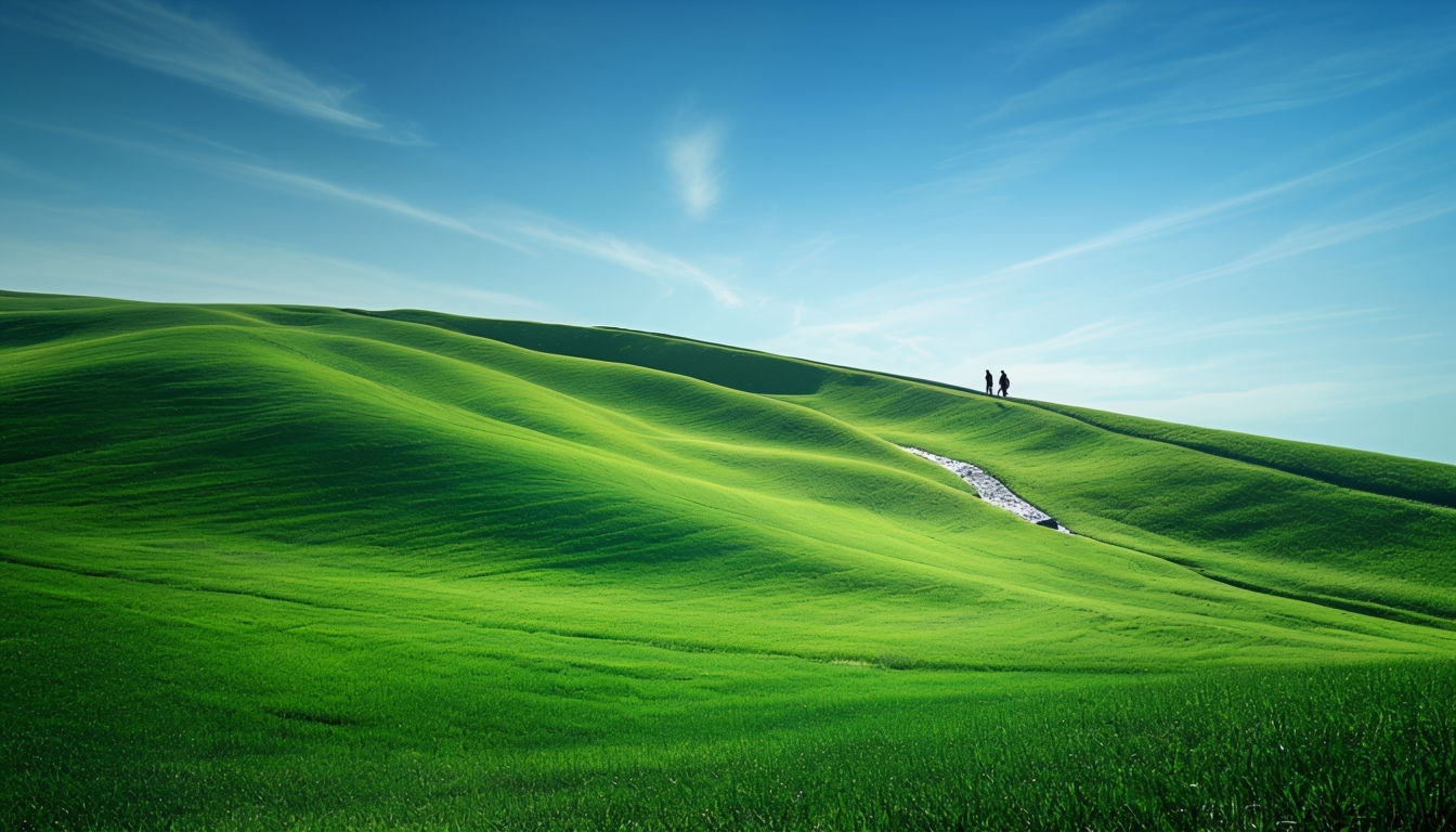 Serene Green Hill Landscape with Walking Figures and Sky Virtual Backgrounds