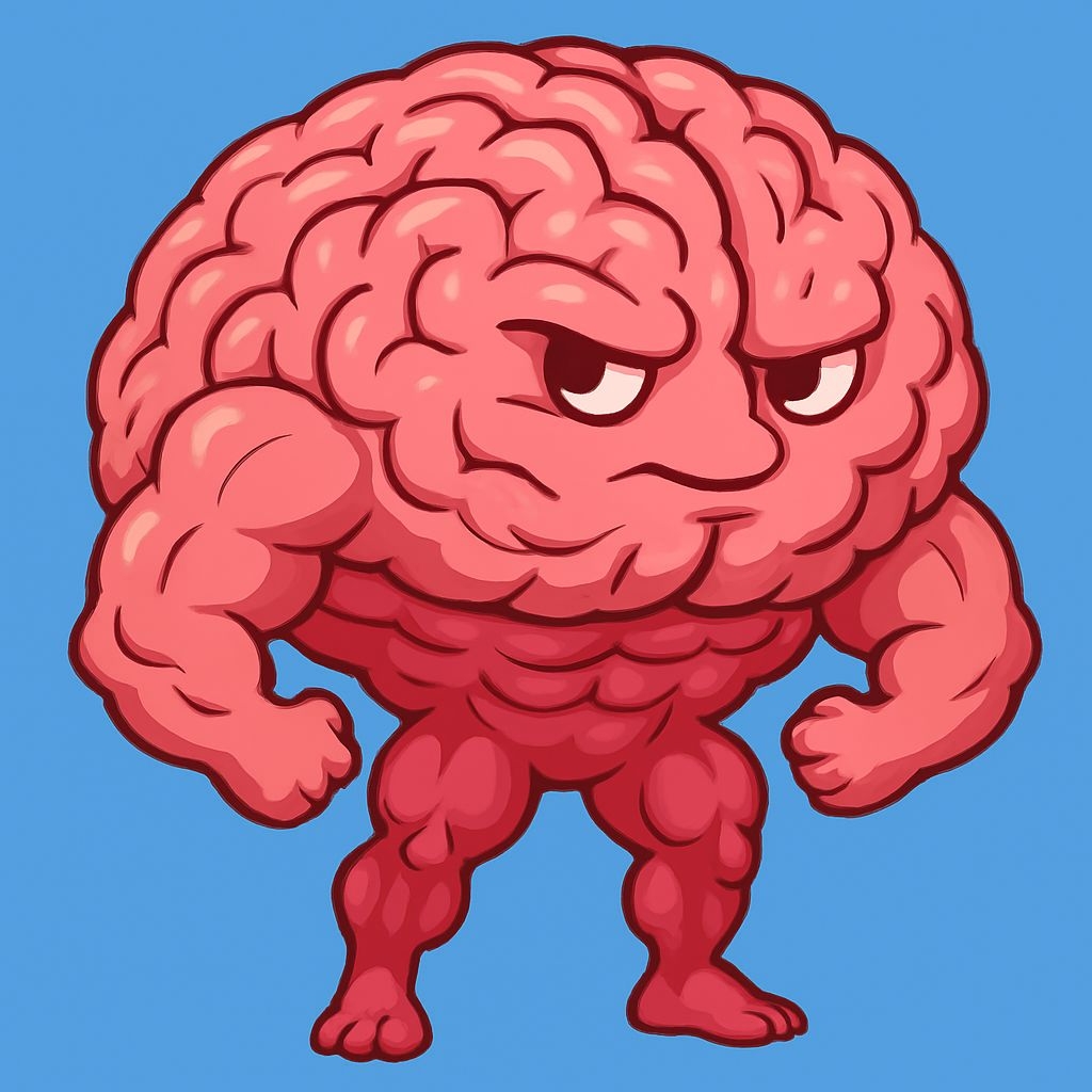 Muscular Cartoon Brain Character with Determined Expression Art