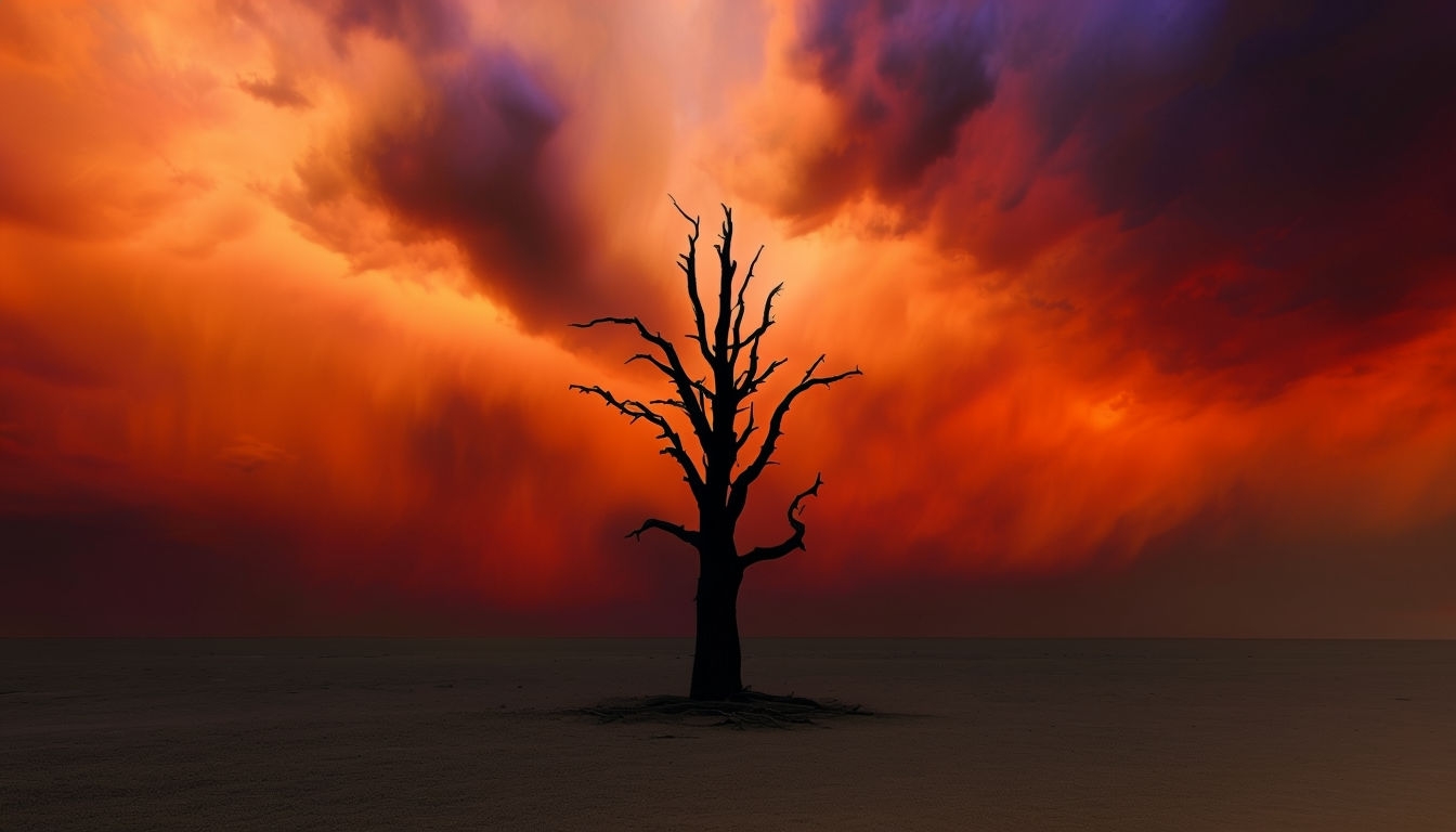 Dramatic Fiery Sky with Barren Tree Minimalist Wallpaper Virtual Backgrounds