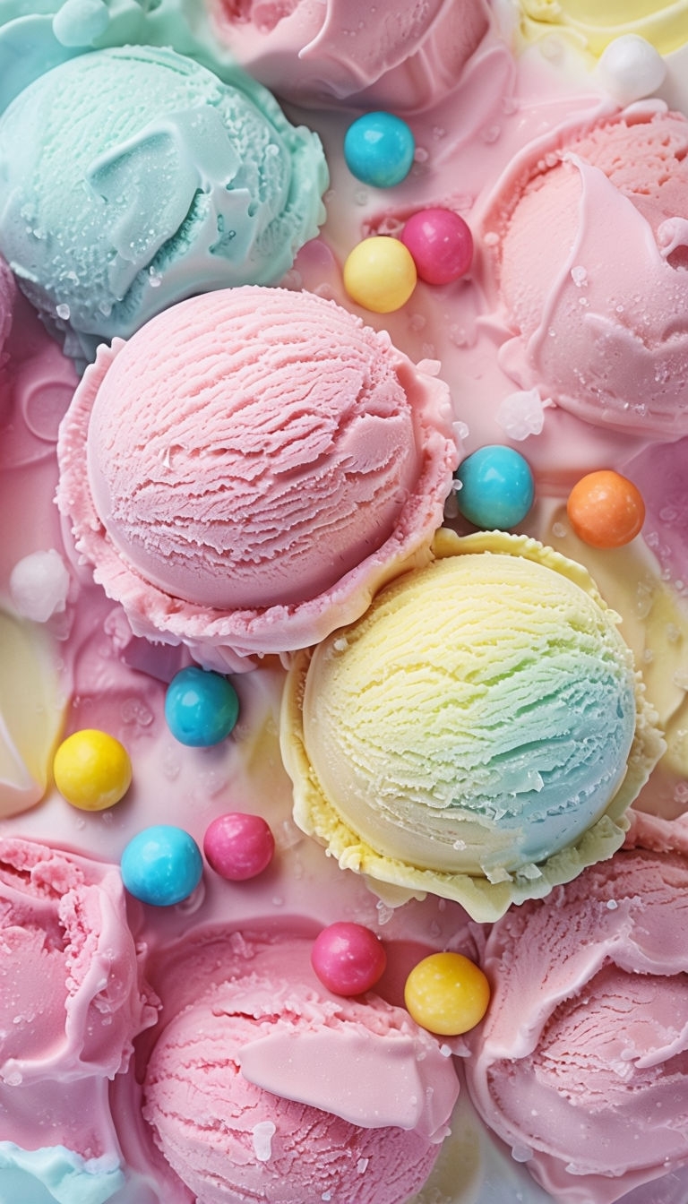 Pastel Ice Cream Scoops with Candy Pieces Close-Up Mobile Wallpaper
