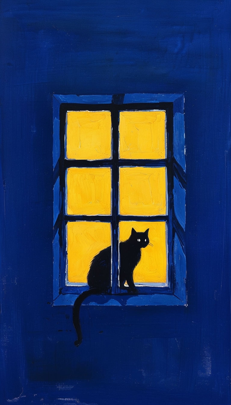 Minimalist Navy Blue Window Scene with Black Cat Mobile Wallpaper