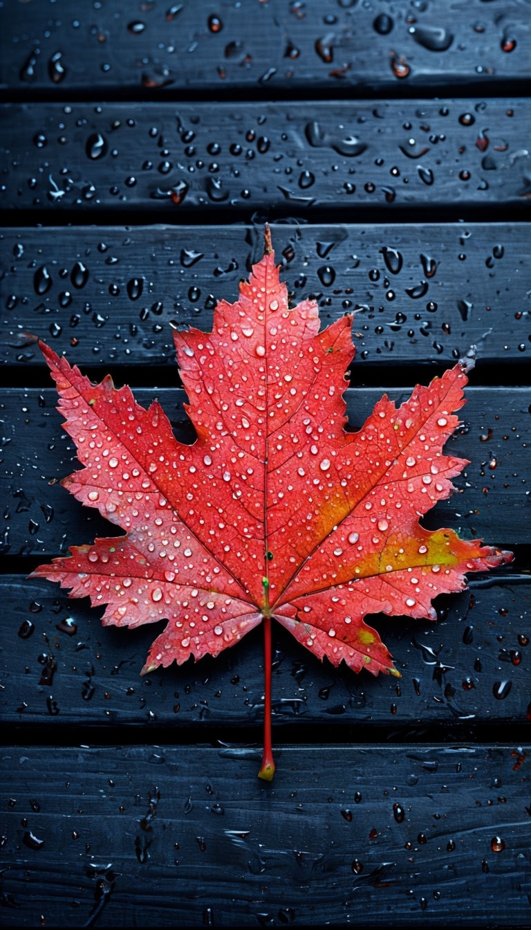 Red Maple Leaf with Water Droplets on Dark Wooden Surface Mobile Wallpaper