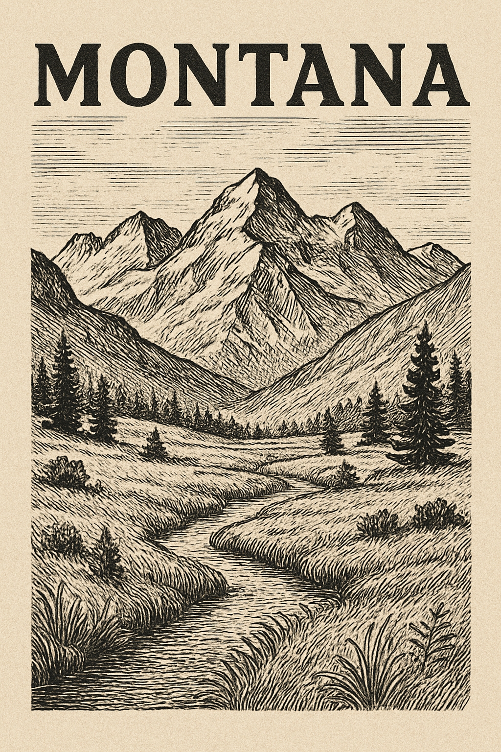 Vintage Montana Scenic Landscape Illustration Art Poster