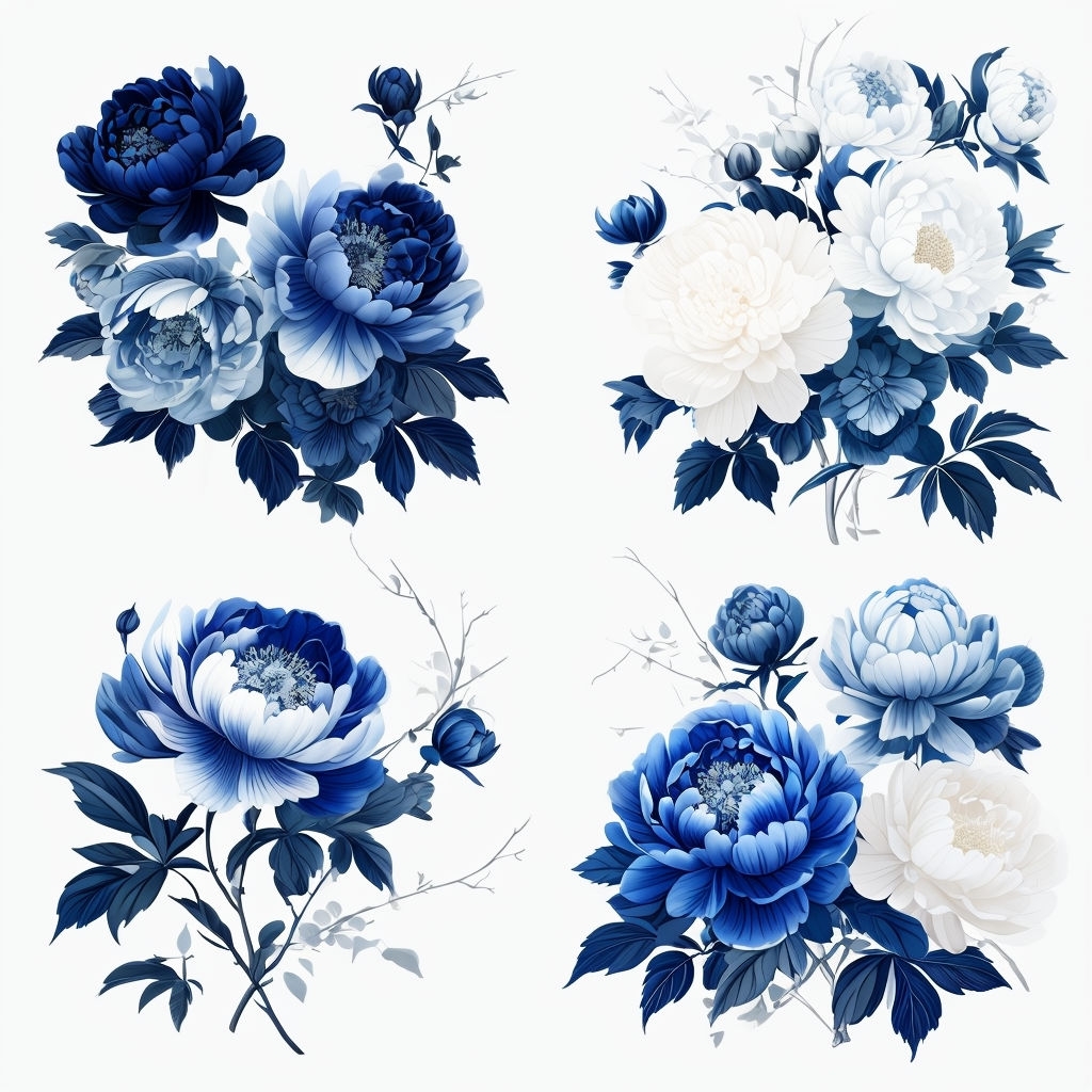Elegant Blue Floral Illustrations in Traditional Chinese Style Seamless Pattern