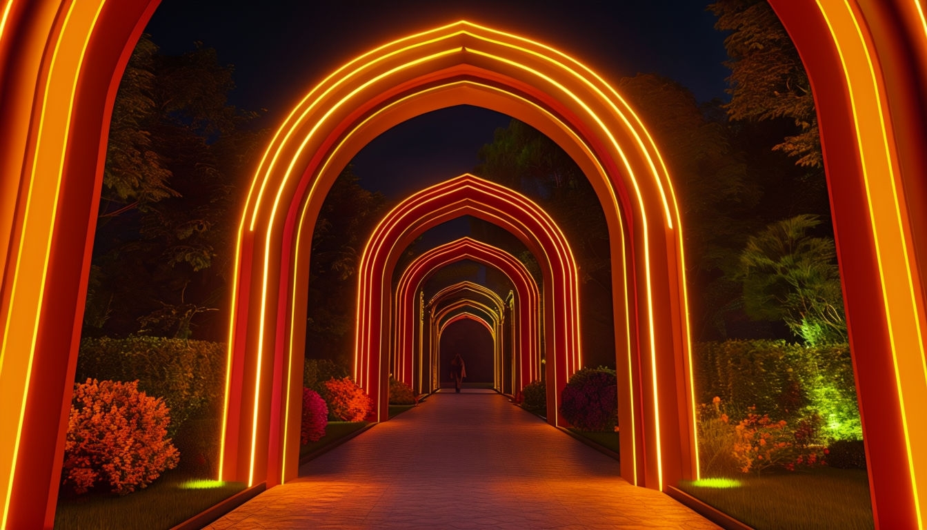Illuminated Archways Nighttime Garden Virtual Background
