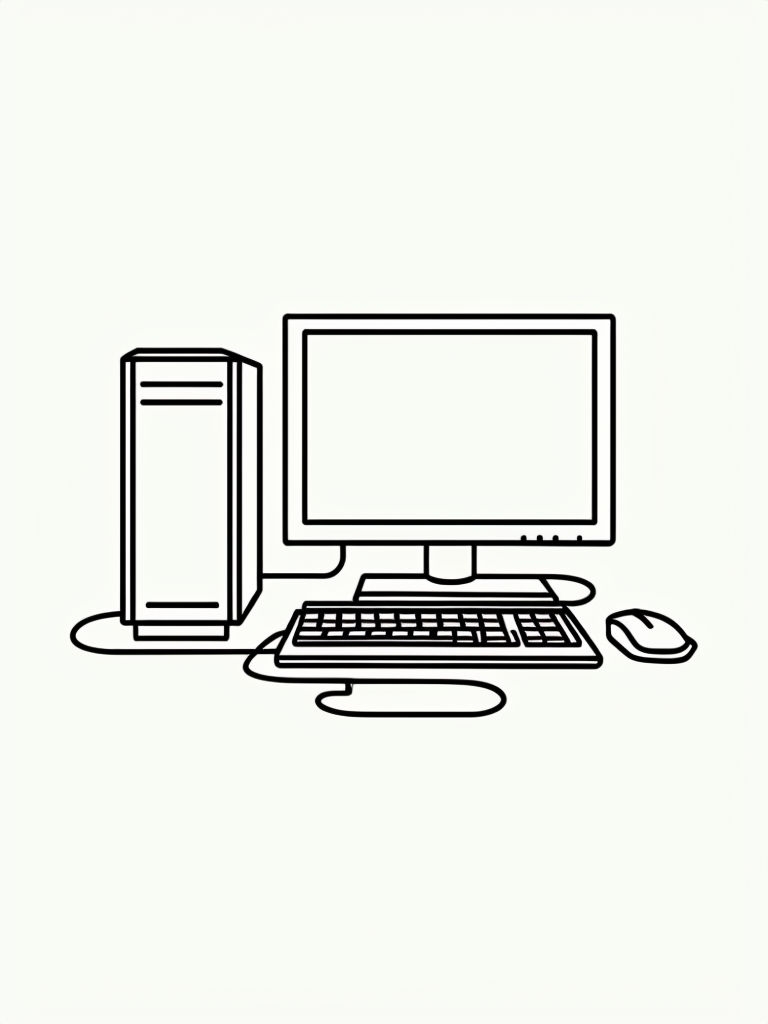 Minimalist Continuous Line Computer Setup Design Coloring Book Pages