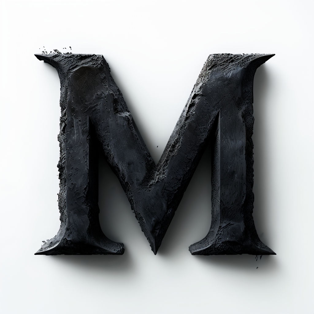 Realistic Charcoal 'M' Letter Sculpture on White Background Monogram