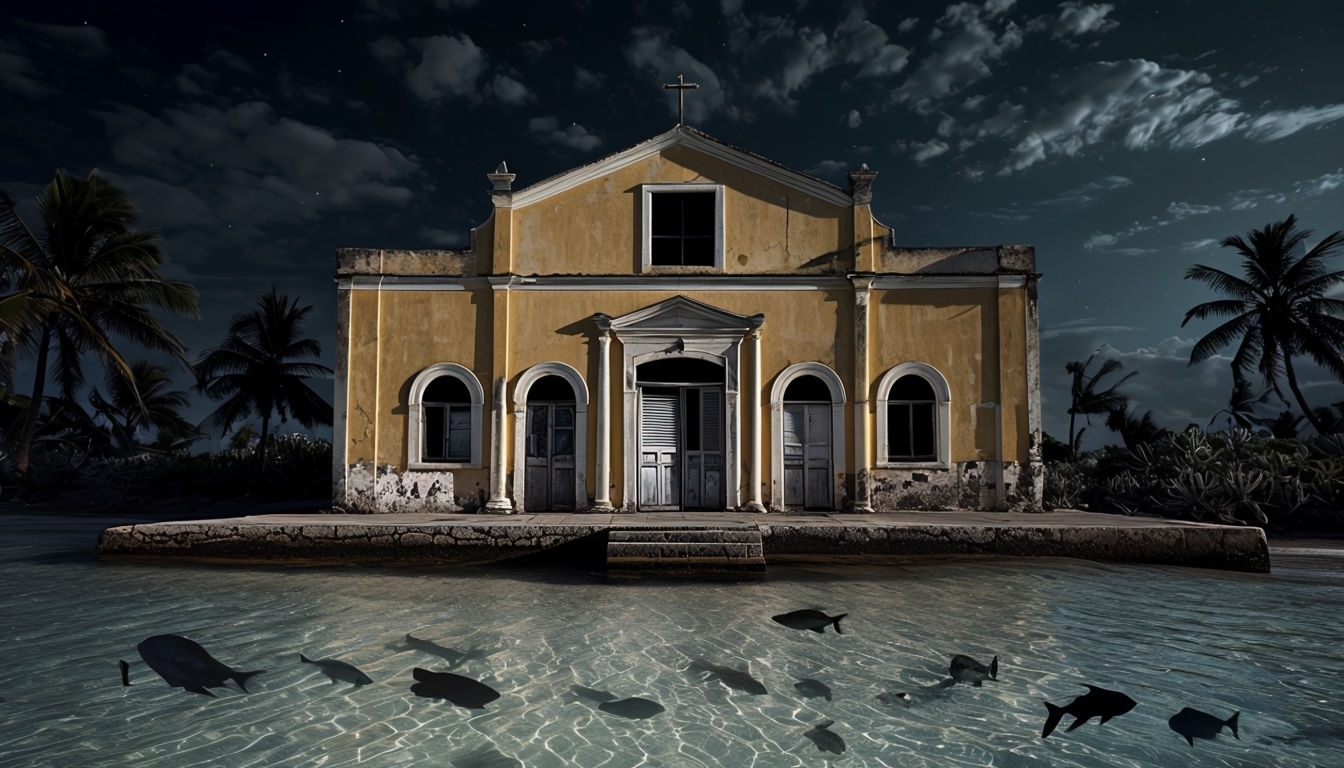 Old Church by Sandy Beach with Night Sky Virtual Background