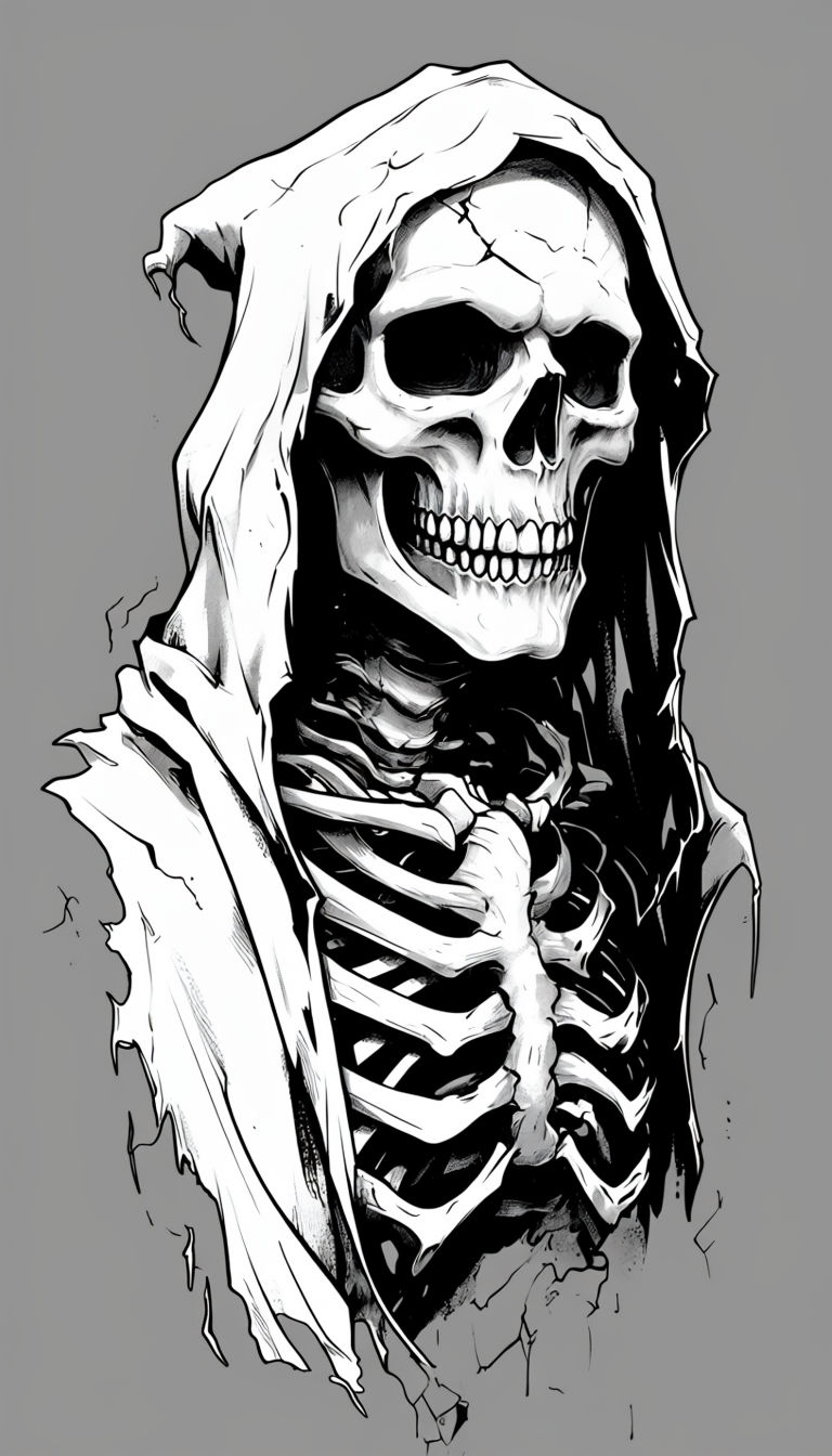 Eerie Black and White Grim Reaper Skeleton Illustration Phone Case Cover