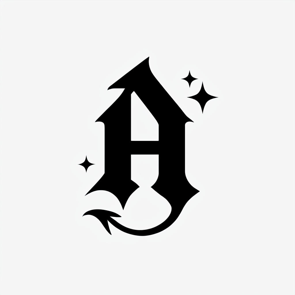 Minimalist Gothic Letter A Logo with Devil Tail and Stars