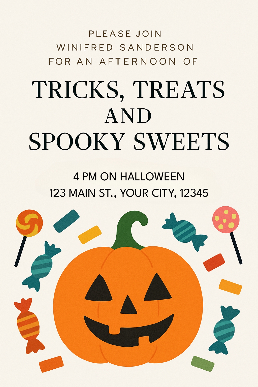 Festive Halloween Party Invitation with Pumpkin and Treats Card
